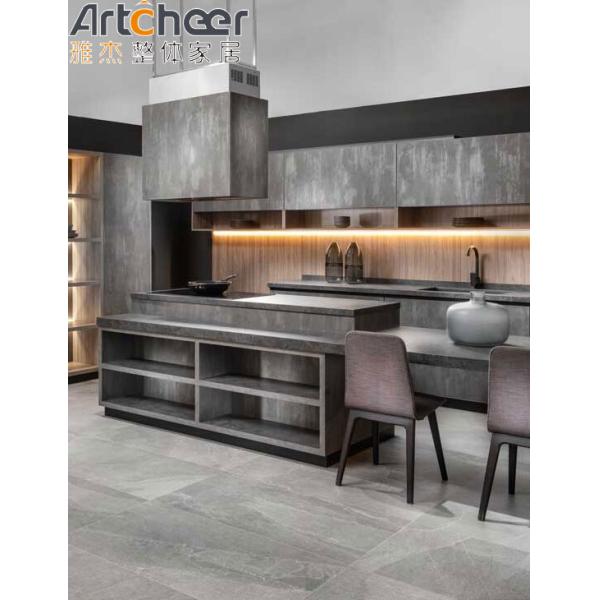 Modern Kitchen Furniture with Dark Grey Marble Look Finish and Flat Edge Countertop