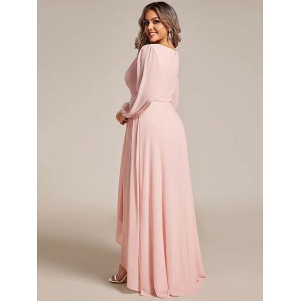 V-neck Plus Size Enchanting Lotus Leaf Lantern Sleeve Pleated Empire High Waist A-line Pink Chiffon Bridesmaid Dress