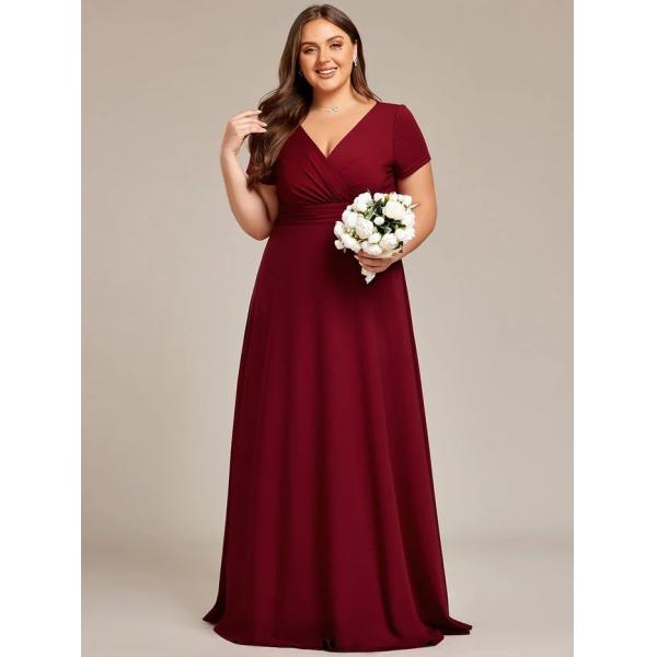 Simple Plus Size V-neck Empire Waist A-line Short Sleeve Zipper Burgundy Chiffon Evening Dress