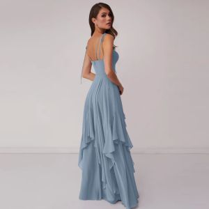 New Style V-neck Dusty Blue Chiffon Tiered A-line Bridesmaid Dress Zipper