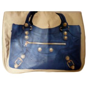 Dark Blue Jean Fabric Shopping Bag, Printed Canvas Shopper Bags With Metal Link