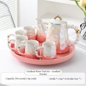 Stylish Pink Pearl Ceramic Coffee Mug Set with Saucer and Bamboo Tea Cup 1300ml