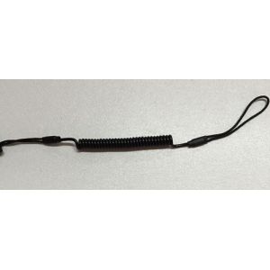 Retracted black short length coiled tool lanyard custom with webbing cord loop