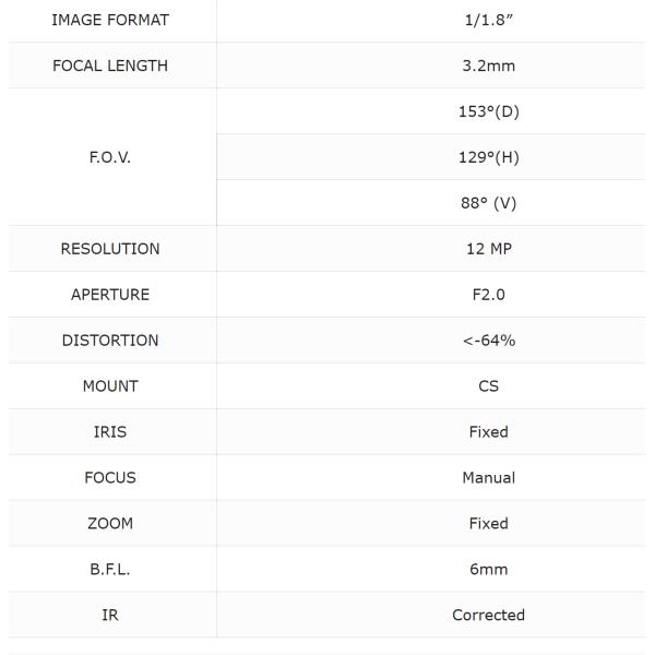 CCL118032MPCS ,CCTV 1/1.8″ 3.2mm wide angle IR corrected CS mount lens 12MP IMX226 F2.0, Day &Night Surveillance