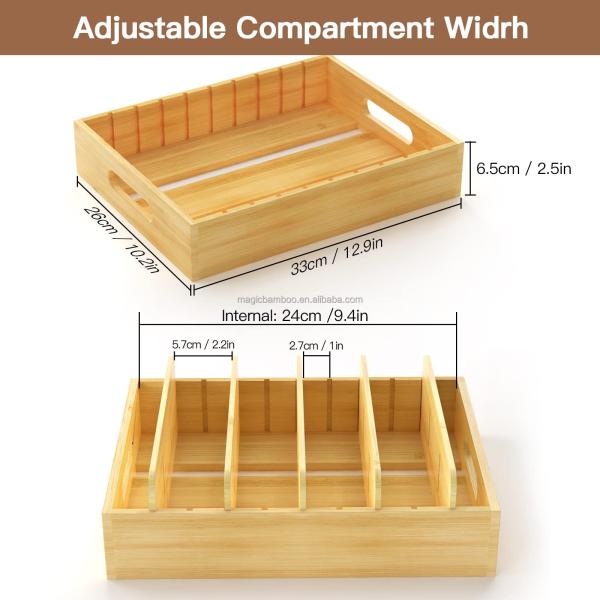 Bamboo Food Container Lid Organizer with Adjustable Dividers 30.49 x 25.41 x 6.36 CM