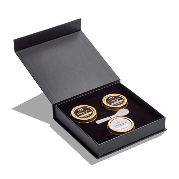 Luxury Fancy Black Magnetic Rigid Paper Packaging Caviar Gift Box With Custom Printing
