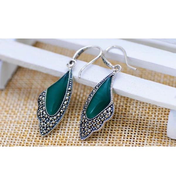 Sterling Silver Green Agate Drop Earrings Wing Style Women Jewelry (E019362GREEN)