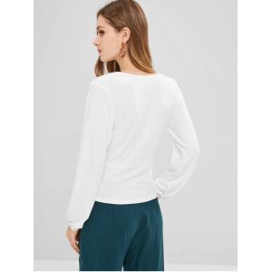 Long Sleeve Ribbed Buttoned Crossover Top T Shirt Clothing Women