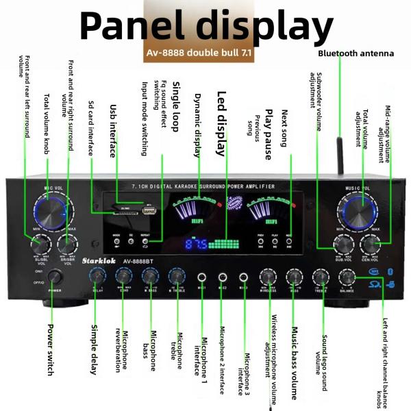 AV-8888BT Professional 7.1 Channel 2000W Ultra-High Power Home Theater Amplifier BT Wireless Home KTV Surround Sound System
