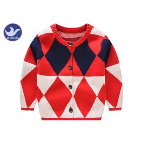 Diamond Jacquard Boys Cardigan Sweater Round Neck Contrast Color Kid Knitwear