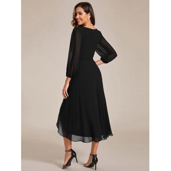 Elegant Empire Long Sleeve V-neck High Low A-line Ruffled Midi Black Chiffon Wedding Guest Cocktail Dress