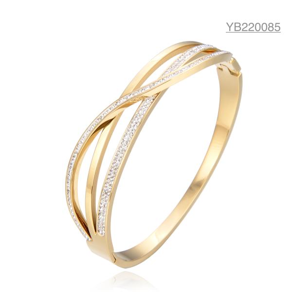 Buy Stainless 18k Gold Plated Jewelry Triple Overlapping Rhinestone Bangle Bracelet at wholesale prices