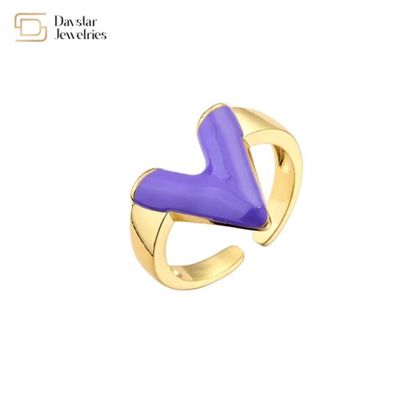 Glossy Enamel 18K Gold Plated V Letter Ring Adjustable Open Resizable