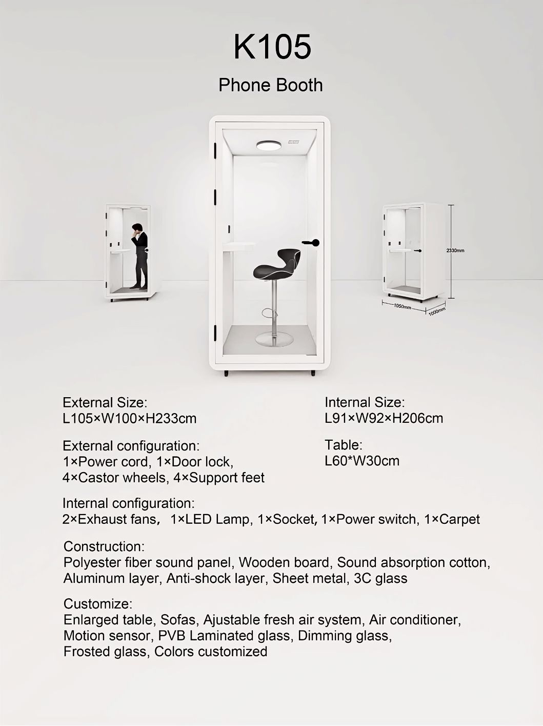 Adjustable Office Phone Booth Extendable Modular Acoustic Booths Whisper Quiet 15 dB