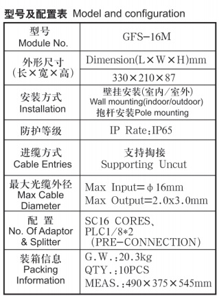 Optical Fiber Distribution Box GFS-16M, SC 16CORES/2X1:8PLC ,330X210X87mm,wall/pole-mounted,IP65,,support uncut