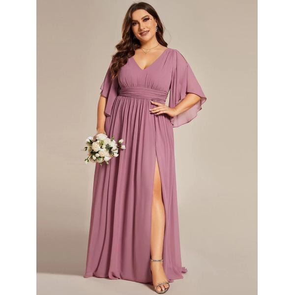 Empire Plus Size V-neck Ruffled A-line Invisible Zipper Half Flutter Sleeves Purple Orchid Chiffon Evening Dress