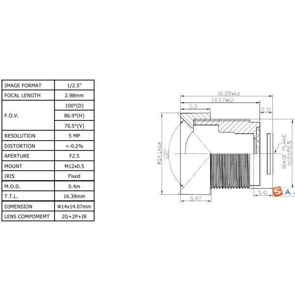 Buy CCL125298MPF 1/2.5&quot; 2.98mm Megapixel Wide angle S mount M12*0.5 lens at wholesale prices