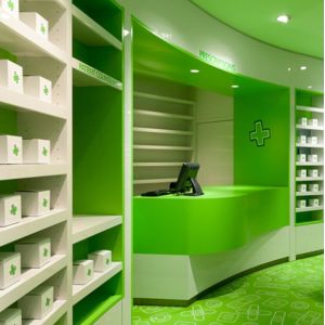 Fashionable Pharmacy Display Cabinet , Green Retail Pharmacy Shelving Multi