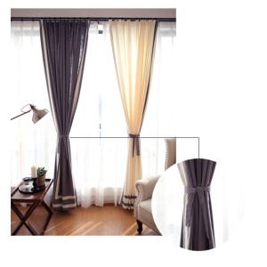 100% Linen Cotton Window Curtains , Country Style Grey And White Curtains