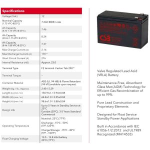 CSB GP1272 F2 12V 7.2Ah Lead Acid Battery Nominal Capacity 7.2Ah Weight 2.40kg