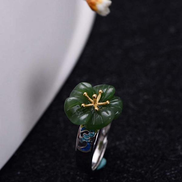 925 Sterling Silver Enamel Natural Jade Ring Open Adjustable Size (059613)
