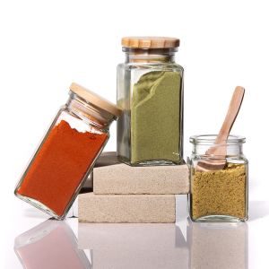 Custom Logo 4Oz 8Oz Square Spice Pepper Salt Glass Jar With Metal Bamboo Lid