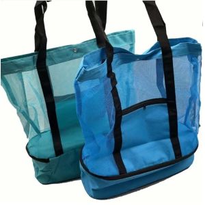2 IN 1 Mesh Beach Tote Bag With Cooler Compartment Beach Cooler Insulated Tote