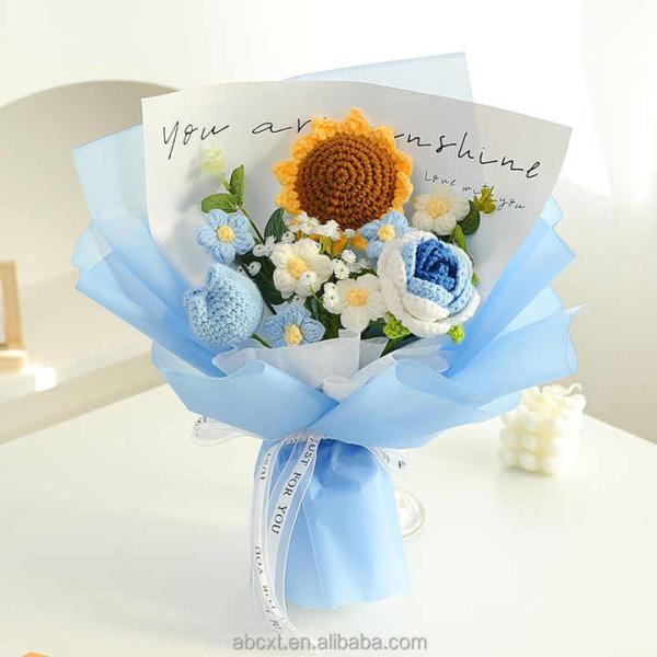 Already Made Artificial Woven Blue Rose Crochet Flower Bouquet for Anniversary Valentines Day Gift