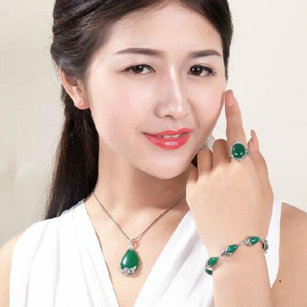 925 Silver Thailand Vintage Green Agate Women Bracelet (LB001)