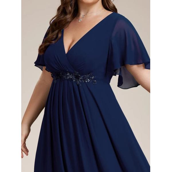 Empire Plus Size Applique Short Sleeve A-line V-neck Flutter Sleeves Invisible Zipper Navy Blue Chiffon Evening Dress