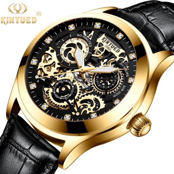 Gold Case Waterproof Mechanical Watch Durable Leather Wrist Watch