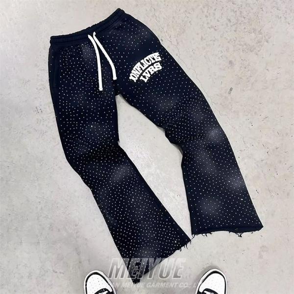 Custom Rhinestone Streetwear Trousers Vintage French Terry Flare Sweat Pants Jogger Acid Washed Sun Faded Flared Sweatpants Men