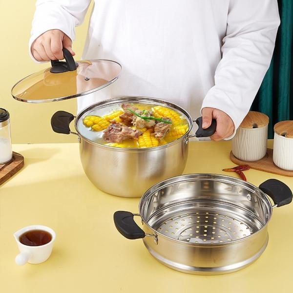 Buy Factory Wholesale Two Layers Stainless Steel Saucepot Food Steamer Pots Circle Soup Pot With Glass Lid at wholesale prices