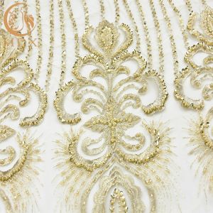 Heavy Sequined Gold Beaded Lace Fabric Soft Handmade 80% Nylon