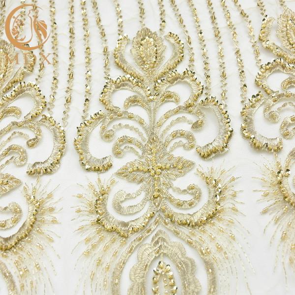 Heavy Sequined Gold Beaded Lace Fabric Soft Handmade 80% Nylon