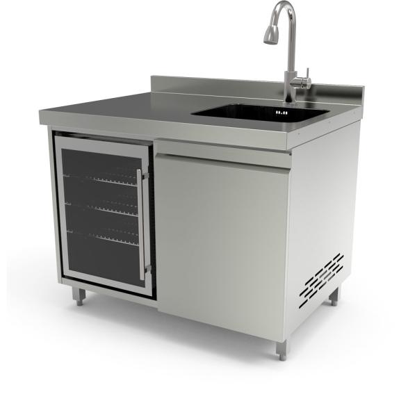 Stainless steel cabinet with single sink.