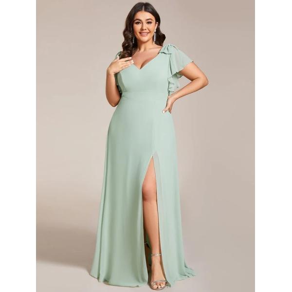 Empire Plus Size Zipper V-neck High Split A-line Short Sleeve Purple Orchid Chiffon Bridesmaid Dress With Ribbon Bow