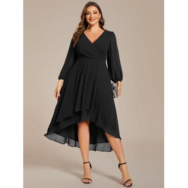 Elegant Empire Long Sleeve V-neck High Low A-line Ruffled Midi Black Chiffon Wedding Guest Cocktail Dress