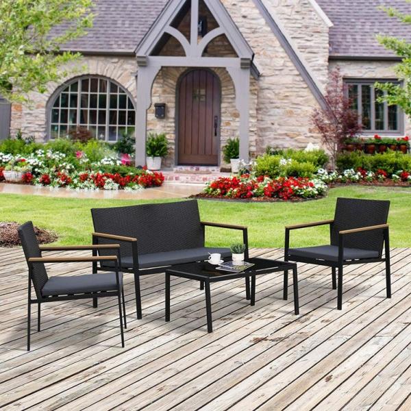 Balcony Lounge Outdoor Iron Metal Patio Furniture Set Mixed with Waterproof PE Rattan