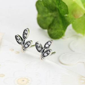 Sterling Silver Pave Cubic Zircon Leaves Stud Earrings (E12281)