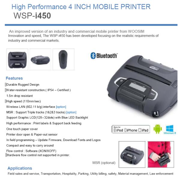 IP54 Durable Rugged Mobile Thermal Label Printer 4 Inches Blue LED Backlight