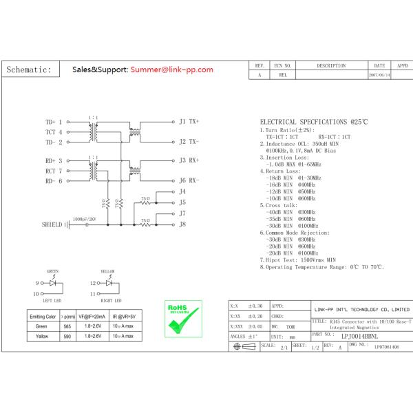 LU1S04143 LF Magnetic RJ45 Jack LPJ0014BBNL PCB Jack Ethernet Connector