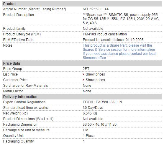 6ES5955-3LF44 6ES5 955-3LF44 Siemens Power Supply