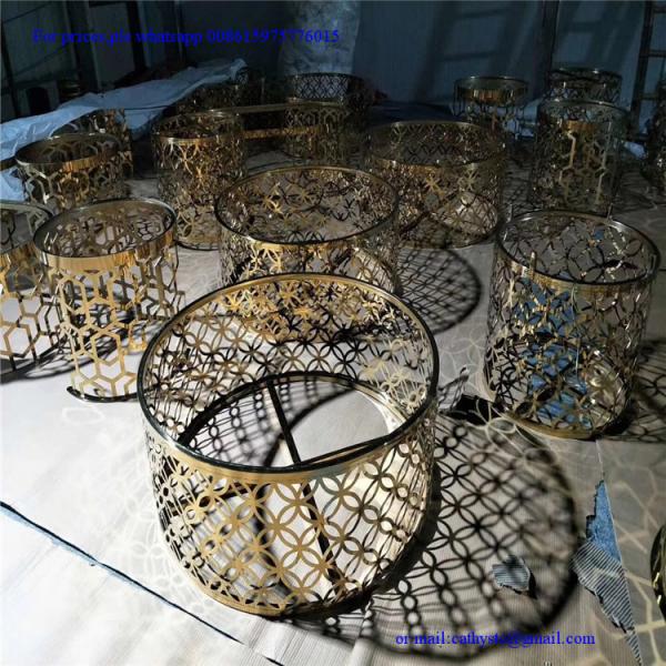 Customized laser cutting grille table iron steel stainless gold color round coffee table