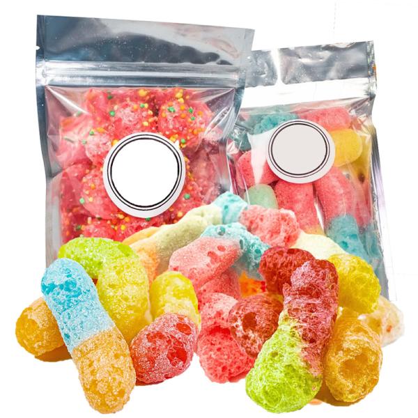 Freeze dried gummy candy in various shapes and colors