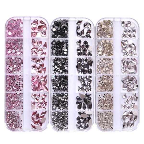 Nail Art Glass Stone strass 12 Grid/box Multi Shapes Mixed Sizes Flat Back Round nail charms in bulk Rhinestones