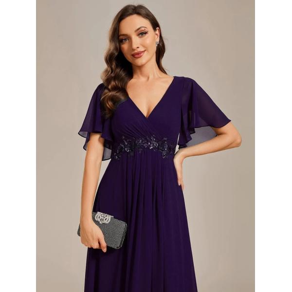 Sexy Empire Applique A-line Short Flutter Sleeves V-neck Invisible Zipper Dark Purple Chiffon Bridesmaid Dress