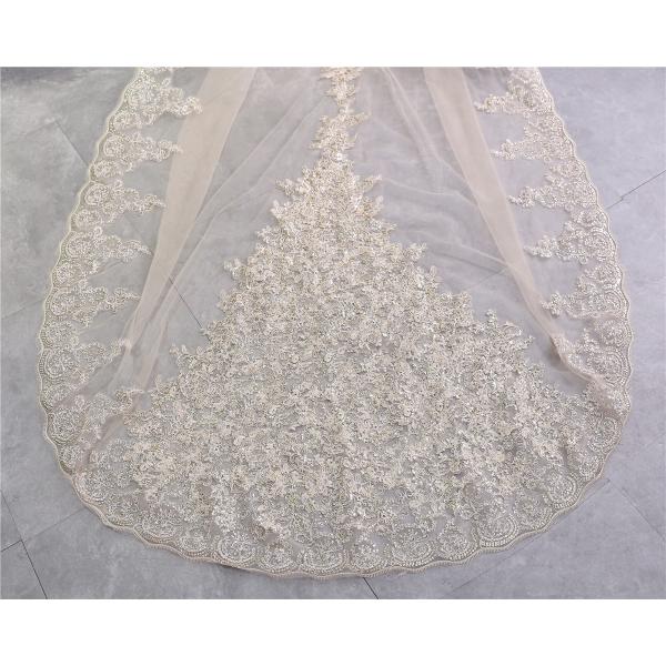 Elegant Customized 3m*1.5m Wholesale Appliqued Lace Sequins Tulle Bridal Wedding Ivory Veil With Hair Comb
