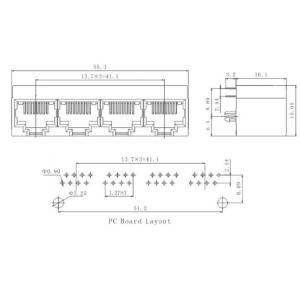 1x4 Vertical RJ45 Jack Ganged Top Entry 180 Degree 1 - 1.5A 6u" Gold Plating