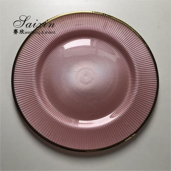 Buy Glass Charger Plates Wedding Luxury Golden Edge Pink Stripe Rounded at wholesale prices